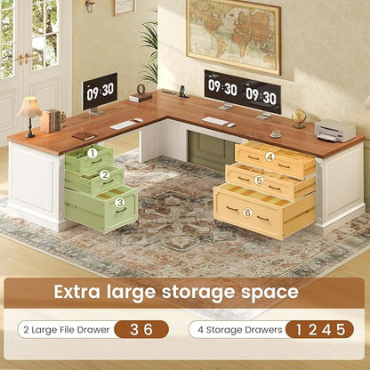 SEDETA Farmhouse 78.8" L Shaped Desk with 6 Drawers, Home Office Desk with Power Outlet, File Cabinet Storage, Wood Corner Computer Desk for Work and Study, White+Brown