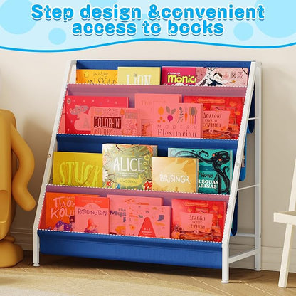 Aokitsink Kid Bookshelf for Kids Rooms, 4-Tier Blue Montessori Bookshelf,Toddler Children Bookshelf,Metal Kid's Book Storage Organizer for Boys Room Furniture Playroom Kindergarten
