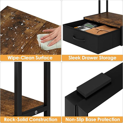 Masupu Printer Stand for Desk, Printer Table with Fabric Storage Drawer, 2 Tier Desktop Shelf, Multi-Purpose Desk Organizer for Home Office, 3D Printer, Fax Machine, Scanner, Rustic Brown