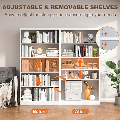 VASAAOSD White Bookshelf, 55” Adjustable Tall Metal Bookshelf, 5-Tier Wide Bookshelf with Anti-Tilt Device, Modern Book Cases and Book Shelves for Bedroom, Living Room, Playroom, Study