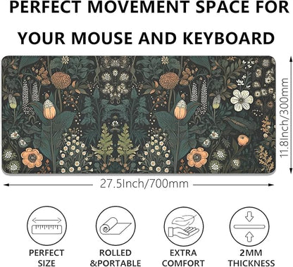 Dark Cottagecore Mouse Pad Floral Desk Pad,Botanical Mousepad, Vintage Desk Mat,Wildflower Mousepad with Stitched Edges Non-Slip Waterproof Rubber Base Mouse Mat for Office Work Home(27.5X11.8 in)
