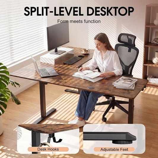 Furmax 63 x 48 Inch L Shaped Standing Desk with 2 Preset Heights, Electric Height Adjustable Computer Table, 2 Hooks & Feet Balance, Corner Sit Stand Desk for Home Office (Rustic Brown, 63 x 48 Inch)