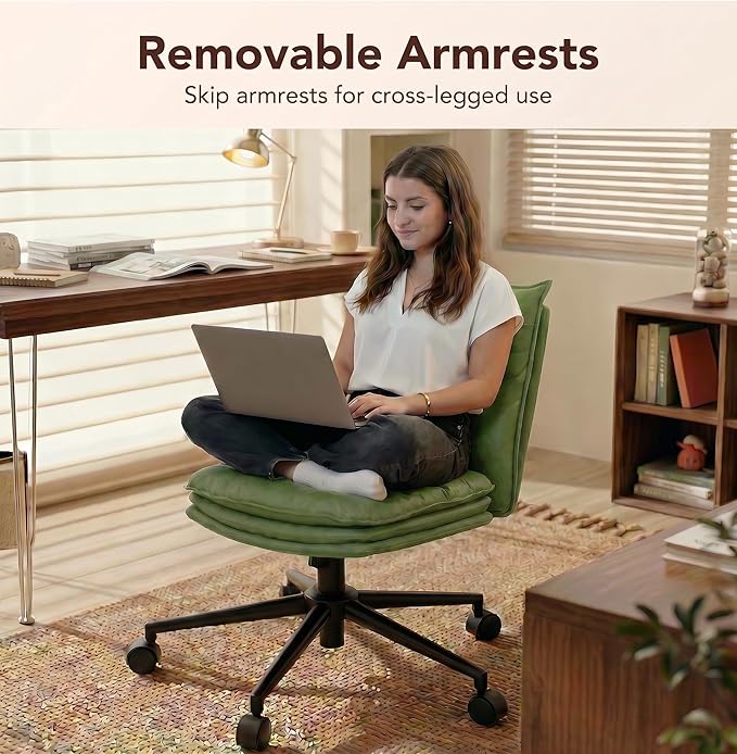 Sage Green Office Chair with Triple-Layers Thicken Wide Seat, Mid Back Leather Desk Chair with Wheels and Arms, Mid-Century Modern Computer Chair for Home Office