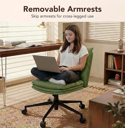 Sage Green Office Chair with Triple-Layers Thicken Wide Seat, Mid Back Leather Desk Chair with Wheels and Arms, Mid-Century Modern Computer Chair for Home Office