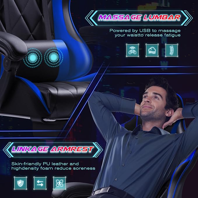Shahoo Gaming Chair with Footrest and Massage Lumbar Support, Computer Game Chairs Ergonomic Office Seat Height Adjustable with Headrest, Blue