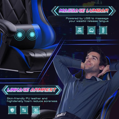 Shahoo Gaming Chair with Footrest and Massage Lumbar Support, Computer Game Chairs Ergonomic Office Seat Height Adjustable with Headrest, Blue