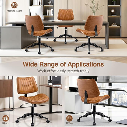 Ergonomic Armless Office Desk Chair - Mid-Century Retro Orange Faux Leather with Diamond Stitch, Adjustable Height Swivel Rolling Task Computer Chair with Walnut Accent for Home Office, Study & Work