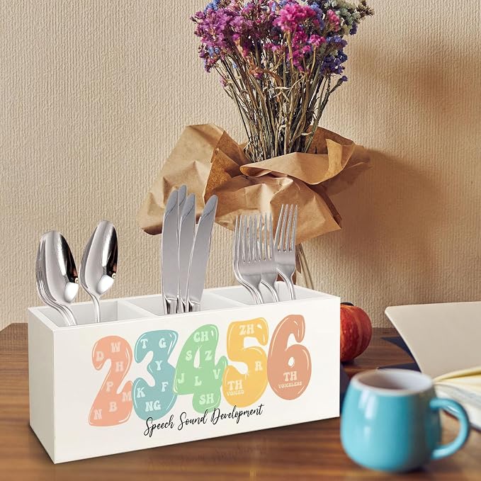 Speech Therapy Wooden Pen Pencil Holder for Desk, Speech Sound Development SLP Mental Health Wood Makeup Brush Toothbrush Holder Organizer for SLP Therapist Office Clinic Kids Room