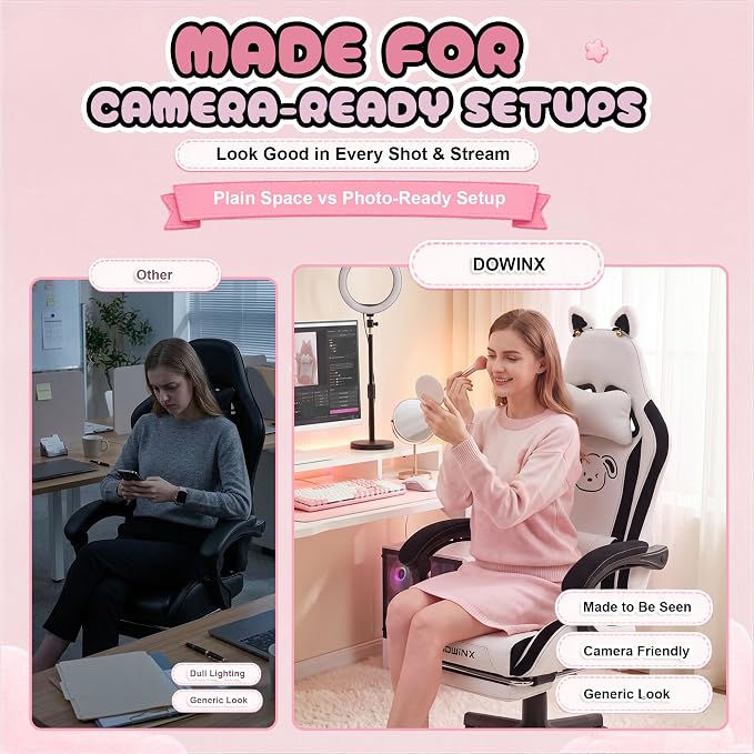 Dowinx Gaming Chair with Cat Ears and Massage Lumbar Support, Ergonomic Computer Chair with Footrest and Headrest, Comfortable Reclining Game Chair 290lbs for Adults, Black White