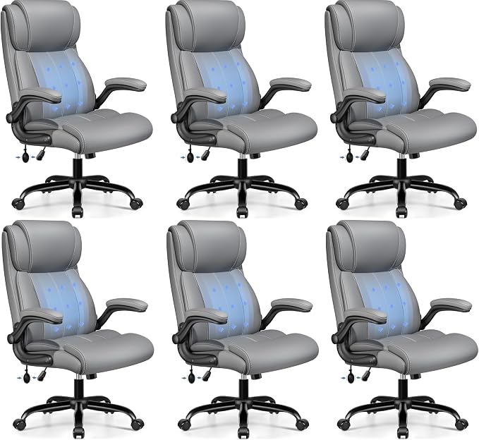 BESTFAIR Ergonomic Office Chair - Desk Computer Chair, Leather High Back Executive Chairs with Adjustable Lumbar Support & Flip Up Arms, Gray 6 Pack