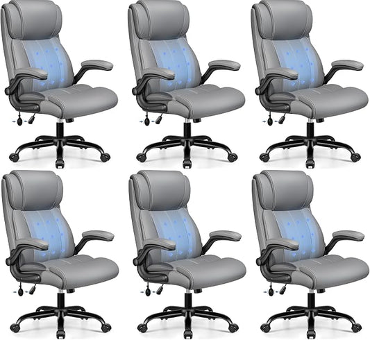 BESTFAIR Ergonomic Office Chair - Desk Computer Chair, Leather High Back Executive Chairs with Adjustable Lumbar Support & Flip Up Arms, Gray 6 Pack