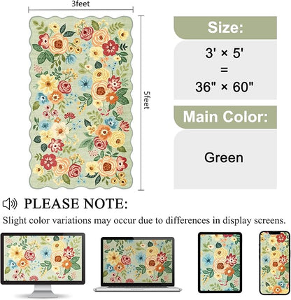 DUKINO 3x5 Area Rug, Floral Non-Slip Indoor Washable Rug with Low Pile & Non-Shedding, Lightwight Boho Design Carpet for Entryway, Bedroom, Kids Room, Living Room, Kitchen, Green
