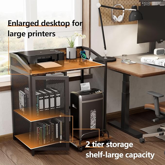 Printer Stand with Charging Station, Mobile Shredder Stand – 3 Tier Lateral Printer Table with Open Storage Shelves- Printer Cabinet for Office Home Use with Adjustable Shelves and Mesh Door