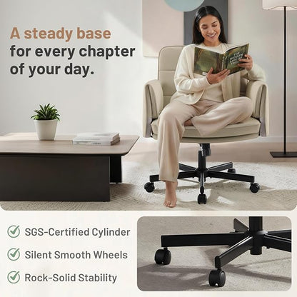 Criss Cross Chair with Wheels - PU Leather Comfy Wide Seat Criss Cross Desk Office Chair with Armrests - Comfortable Swivel Rolling Tilting Vanity Chair with Back for Home Office Makeup Bedroom