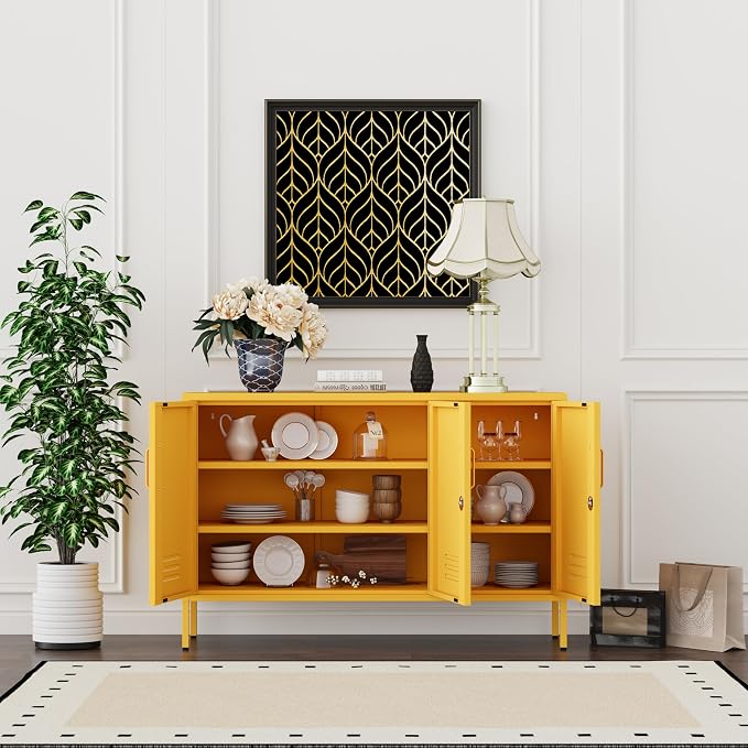 47.5" Wide Yellow Metal Storage Cabinet with Lock and Ventilated Doors, 2 Adjustable Shelves, Heavy Duty Home Metal Accent Locker for Kitchen Office Living Room Hallway