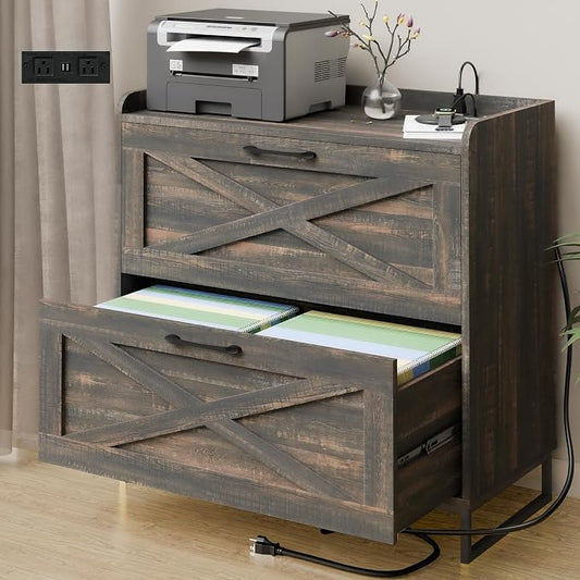 Lateral File Cabinet 2 Drawer File Cabinet with Charging Station for Legal/Letter/A4 Size Hanging Files, Modern Farmhouse Large Wood File Storage Cabinet for Home Office Furniture(Dark Rustic Oak)
