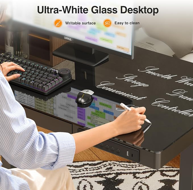 Monomi 35" Glass Standing Desk with Drawer and USB Ports, Electric Height Adjustable Desk for Home Office, Black Sit Stand Table with Storage, Easy Assembly Computer Desk for Small Spaces