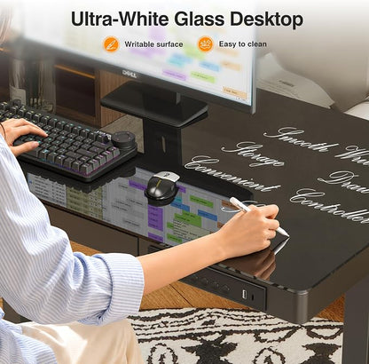 Monomi 35" Glass Standing Desk with Drawer and USB Ports, Electric Height Adjustable Desk for Home Office, Black Sit Stand Table with Storage, Easy Assembly Computer Desk for Small Spaces