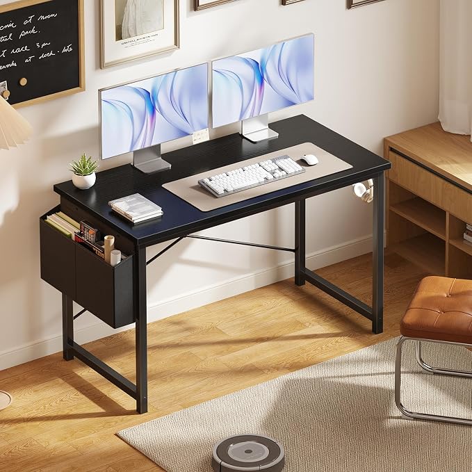 OLIXIS Computer Desk, 47 Inch Home Office Desks for Small Spaces, Writing Craft Study Gaming Table for Bedroom, Modern Computer Workstation with Storage Bag and Headphone Hook, Black