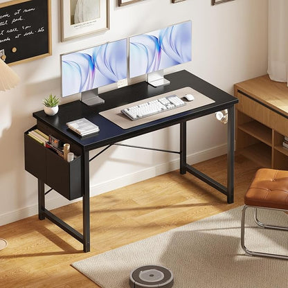 OLIXIS Computer Desk, 47 Inch Home Office Desks for Small Spaces, Writing Craft Study Gaming Table for Bedroom, Modern Computer Workstation with Storage Bag and Headphone Hook, Black