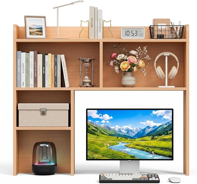 SUPER DEAL Desktop Bookshelf, Countertop Storage Hutch with 3 Shelves for Computer Desk, 2-Tier Display Rack, Multipurpose Wood Desk Hutch Storage Organizer for Home Office Dorm, Natural