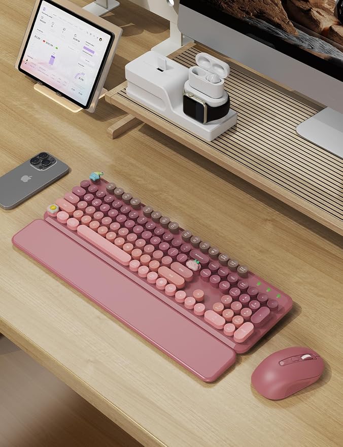 Wireless Keyboard and Mouse Combo, Typewriter Keyboard with Detachable Wrist Rest, Full-Size Retro Round Keycaps, Smart-Sleep, 2.4GHz Stable Connection for Mac/Windows/PC, Trueque(Ombre Dusty Rose)