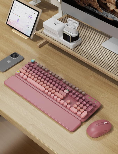 Wireless Keyboard and Mouse Combo, Typewriter Keyboard with Detachable Wrist Rest, Full-Size Retro Round Keycaps, Smart-Sleep, 2.4GHz Stable Connection for Mac/Windows/PC, Trueque(Ombre Dusty Rose)