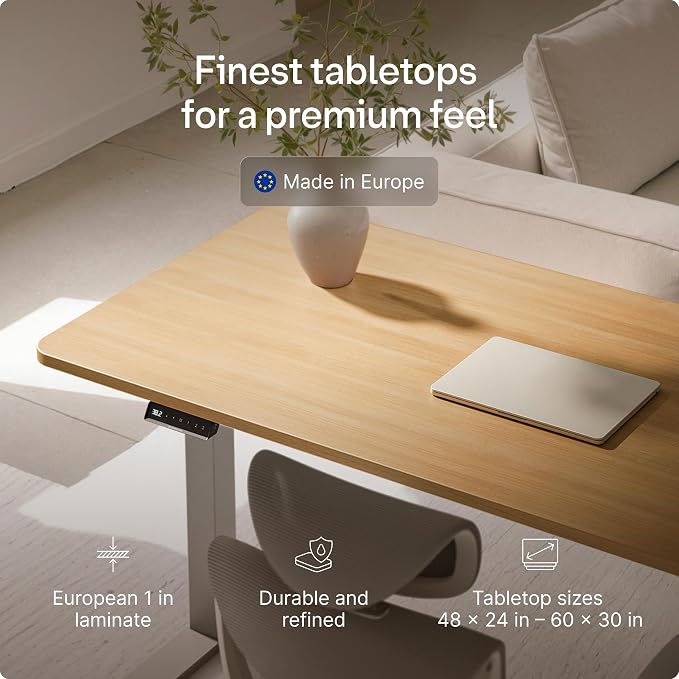 Desktronic HomeOne Standing Desk 48x24 — Ergonomic Sit Stand Home Office Desk, Made in Europe, Electric Dual Motor Height Adjustable, USB & USB-C Charging, Wobble-Free, Touchscreen, 3 Memory Presets
