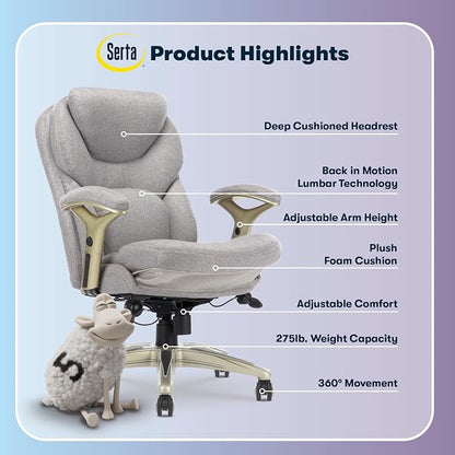 Serta Ergonomic Executive Office Chair Motion Technology Adjustable Mid Back Design with Lumbar Support, Light Gray Fabric
