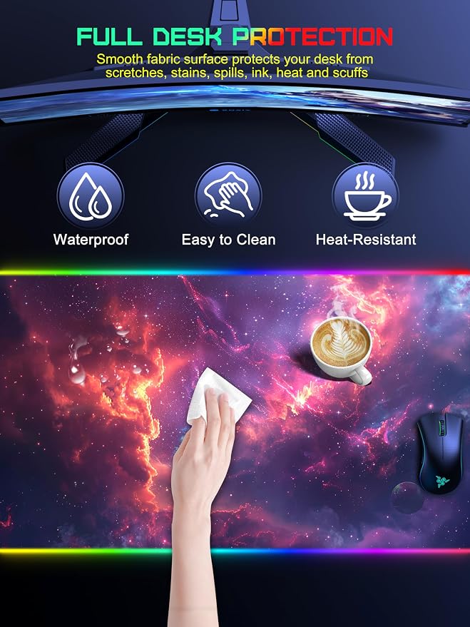 TopMade Wireless Charging Mouse Pad, RGB Gaming Mousepad, 35.4" x 15.8" Extra Large Waterproof Keyboard Desk Pad, Computer Desk Mat, Red Nebula (Includes 20W PD Power Adapter & 6.56ft Woven Cable)