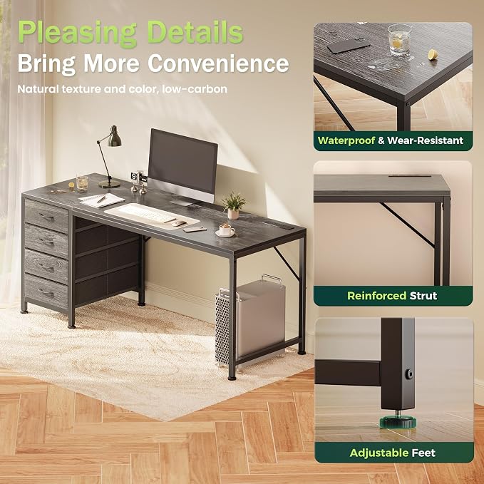 PRAISUN 55.1 Inch Computer Office Desk with Power Outelts and USB-C Port, Reversible Gaming Desk with 4 Fabric Drawers, Work Study Desk Work from Home, Grey