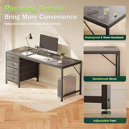 PRAISUN 55.1 Inch Computer Office Desk with Power Outelts and USB-C Port, Reversible Gaming Desk with 4 Fabric Drawers, Work Study Desk Work from Home, Grey