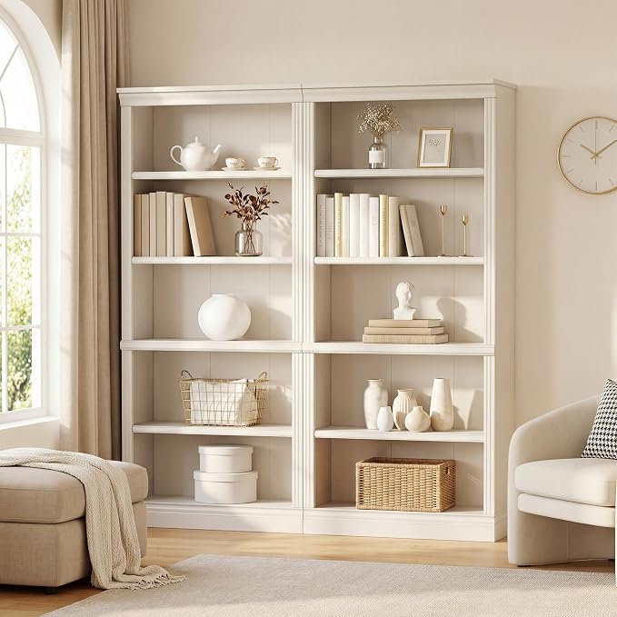 Furniwell Bookcase Bookshelves, 5-Shelf Tall Bookcase 71" Wood Open Display Floor Bookshelf, Large Storage Organizer for Library, Bedroom, Living Room, Set of 2 (White)
