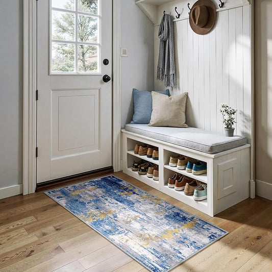 RELEANY Washable Area Rugs 2'x5' Non-Slip Modern Abstract Soft for Living Room Entryway Bedroom Kitchen, Print Pattern, Grey Blue Gold/Golden