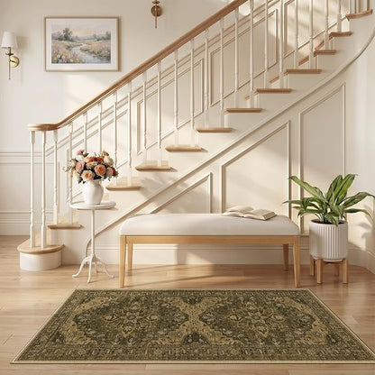 RELEANY Area Rugs Runner 2'6"x5' Washable Non-Slip, Floral Vintage Distress Medallion Carpet for Kitchen Hallway Bedroom Beside Laundry Room Bathroom, Brown Dark Brown