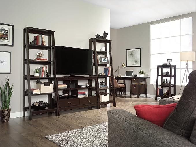 Sauder Ladder Bookshelf 5 Tier Trestle Ladder Shelf Wooden Bookcase, in Jamocha Wood