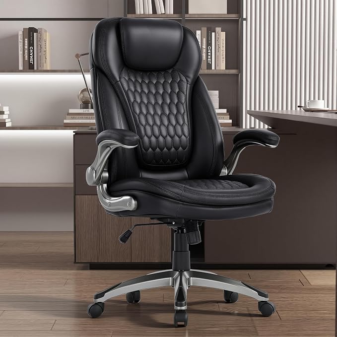 COLAMY High Back Executive Office Chairs,Ergonomic PU Leather Desk Chairs with Flip-Up Armrests, Adjustable Height, Lumbar Support,Comfortable Computer Chairs for Home Office,Set of 2