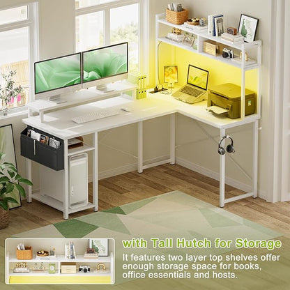 Besiost Small L Shaped Desk Gaming Desk with Power Outlets, 48" Reversible L Shaped LED Computer Desk with Monitor Stand & Storage Shelf, Corner Gamer Desk Home Office Desk with Storage Bag, White