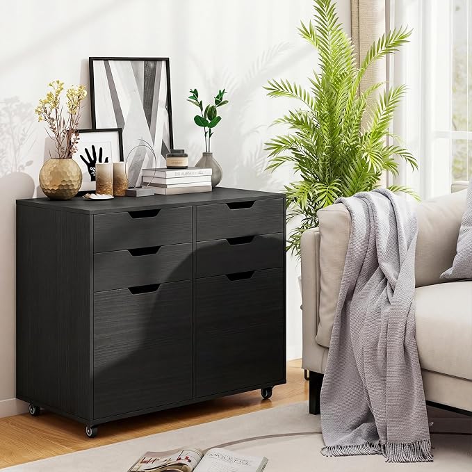 LOKO Mobile File Cabinet with 4 Drawers, Rolling Under-Desk Filing Cabinet, Wooden Chest of Drawers with Universal Wheels, Modern Printer Stand for Home Office Organization and Storage (Black)