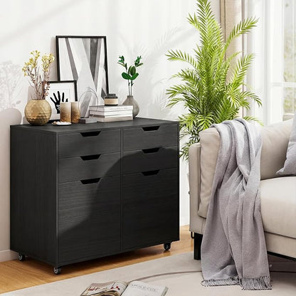 LOKO Mobile File Cabinet with 4 Drawers, Rolling Under-Desk Filing Cabinet, Wooden Chest of Drawers with Universal Wheels, Modern Printer Stand for Home Office Organization and Storage (Black)