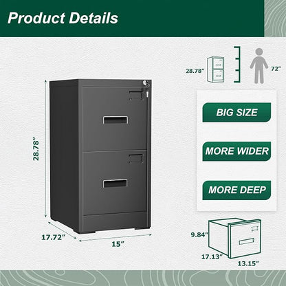 Superday 2 Drawer File Cabinets, 18” D Vertical File Cabinet with Lock, Locking Filing Cabinet for Home Office, Black Metal Filing Cabinets for Hanging Letter/Legal Folders, Easy Assemble