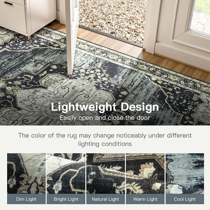 Lofus 8x10 Washable Rugs Non-Slip, Vintage Floral Area Rug for Living Room Bedroom Dining Room Kitchen, Low Pile Distress Print Medallion Carpet Home Decor Rug, Black Beige