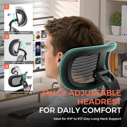 Office Chair,Ergonomic Office Desk Chair with 2D Adjustable Lumbar Support,3D Headrest,2D Arms,330LBS High Back Mesh Computer Home Office Chairs Rolling Tilting Swivel Executive Chairs Black