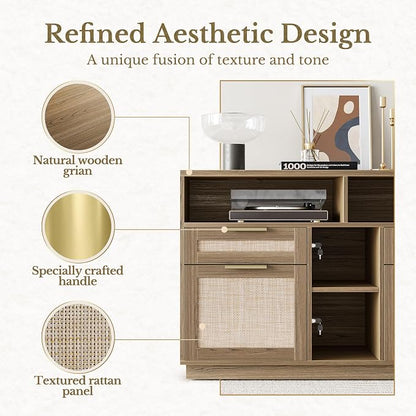 4 Drawer File Cabinet, Fluted Wood Lateral Filing Cabinet with Lock and Charging Station for Home Office, Printer Stand with Open Storage Shelves, Fits A4, Letter Size, Natural Oak