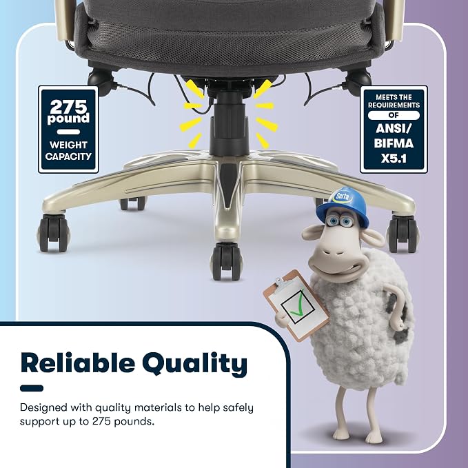 Serta Claremont Executive Office Chair with Back-In-Motion Technology, Ergonomic Mid-Back with Pivot Lumbar Support & Seat, Plush Cushion, Body Pillows, Adjustable Arms, Dark Gray Fabric