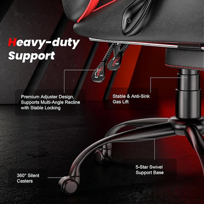 Gaming Chair with Footrest, Ergonomic Video Game Chair with Headrest and Lumbar Support, 400 lbs Adult Chair, Height Adjustable 360° Swivel High Back Reclining Computer Chair for Home Office (Red)