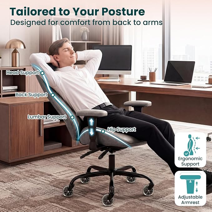 NEO CHAIR Ergonomic Leather Office Desk Chair with Adjustable Height Armrests High Back Lumbar Support Swivel Executive Computer Chair with Wheels Comfy Home Office Chair for Adults (Grey)