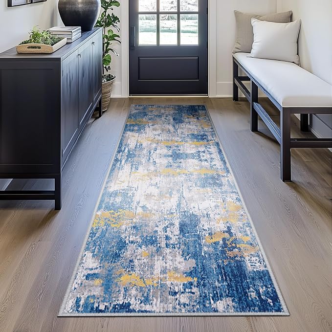 RELEANY Washable Area Rugs 2'x10' Non-Slip Modern Abstract Soft for Living Room Entryway Bedroom Kitchen, Print Pattern, Grey Blue Gold/Golden