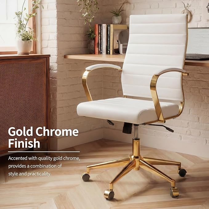Okeysen Gold Office Desk Chair, Ergonomic Leather Modern Conference Room Chairs, Executive Ribbed Height Adjustable Swivel Rolling Golden Chair for Home Office.