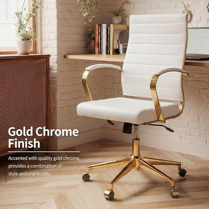 Okeysen Gold Office Desk Chair, Ergonomic Leather Modern Conference Room Chairs, Executive Ribbed Height Adjustable Swivel Rolling Golden Chair for Home Office.